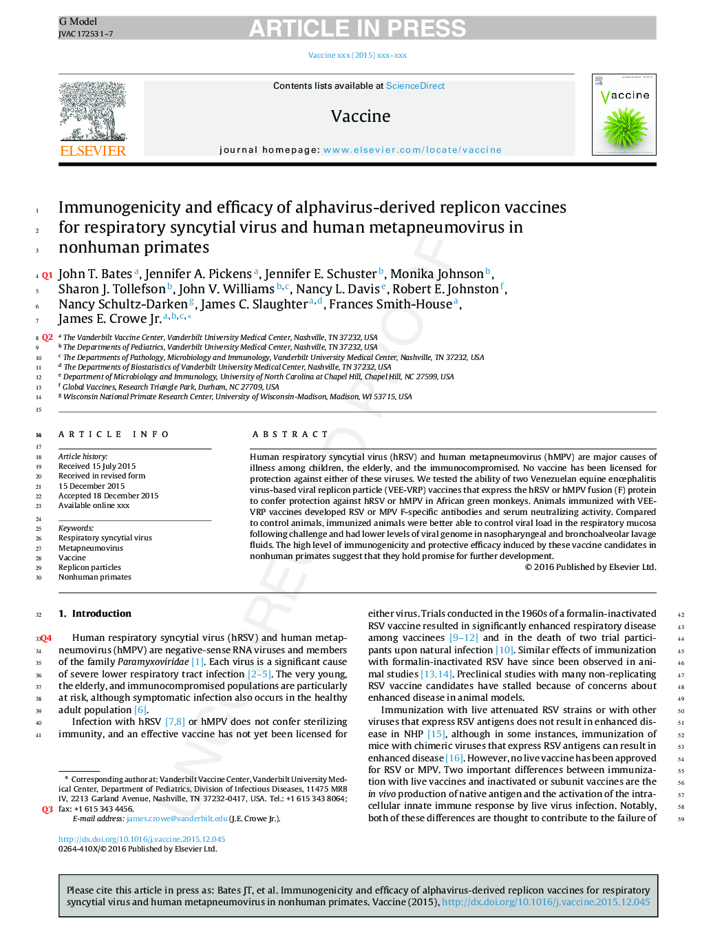 Immunogenicity and efficacy of alphavirus-derived replicon vaccines for respiratory syncytial virus and human metapneumovirus in nonhuman primates