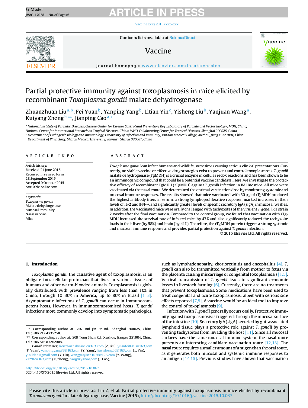 Partial protective immunity against toxoplasmosis in mice elicited by recombinant Toxoplasma gondii malate dehydrogenase