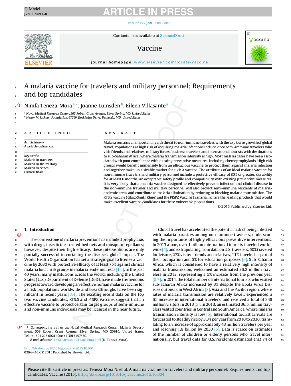 A malaria vaccine for travelers and military personnel: Requirements and top candidates