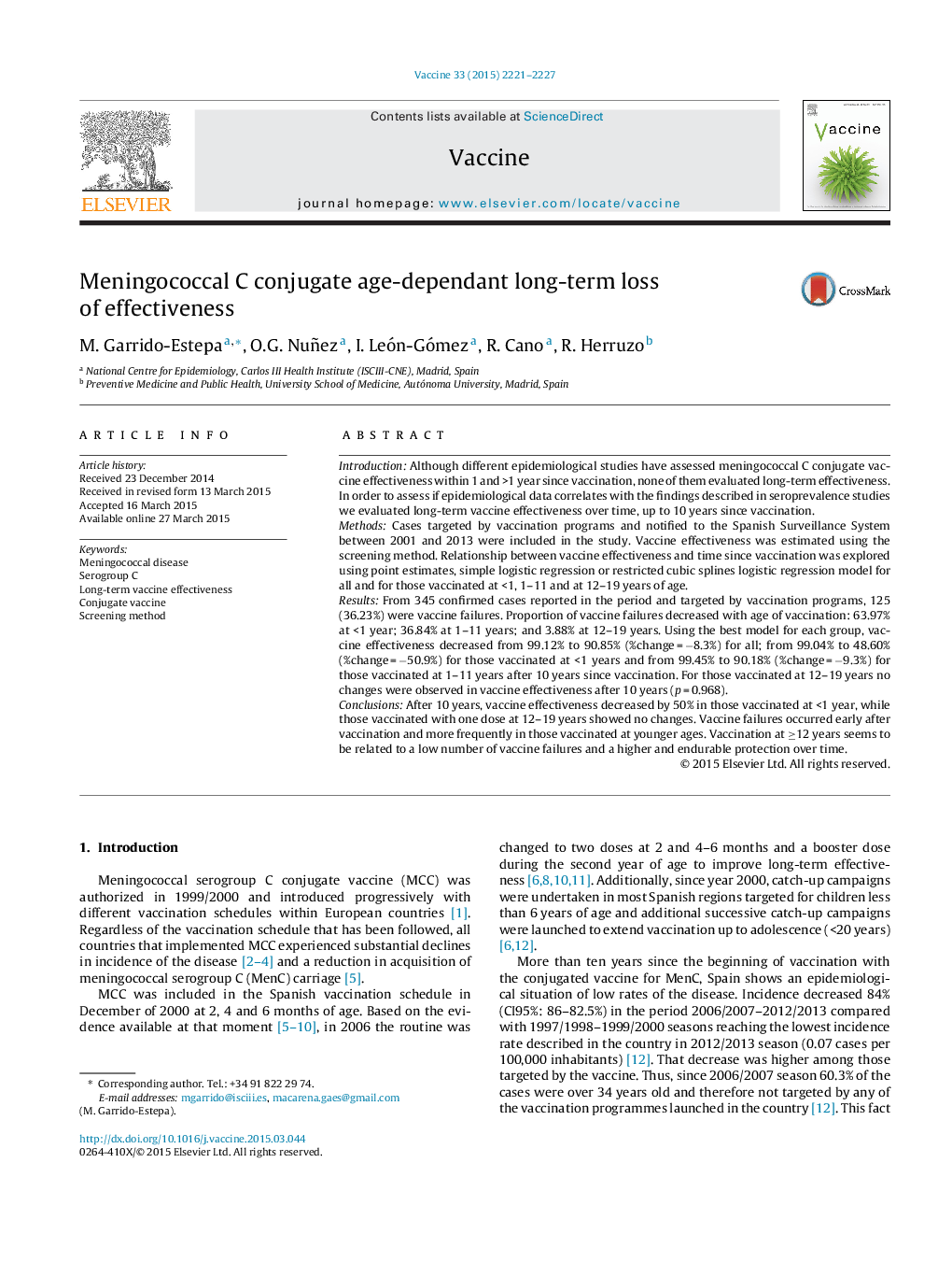 Meningococcal C conjugate age-dependant long-term loss of effectiveness