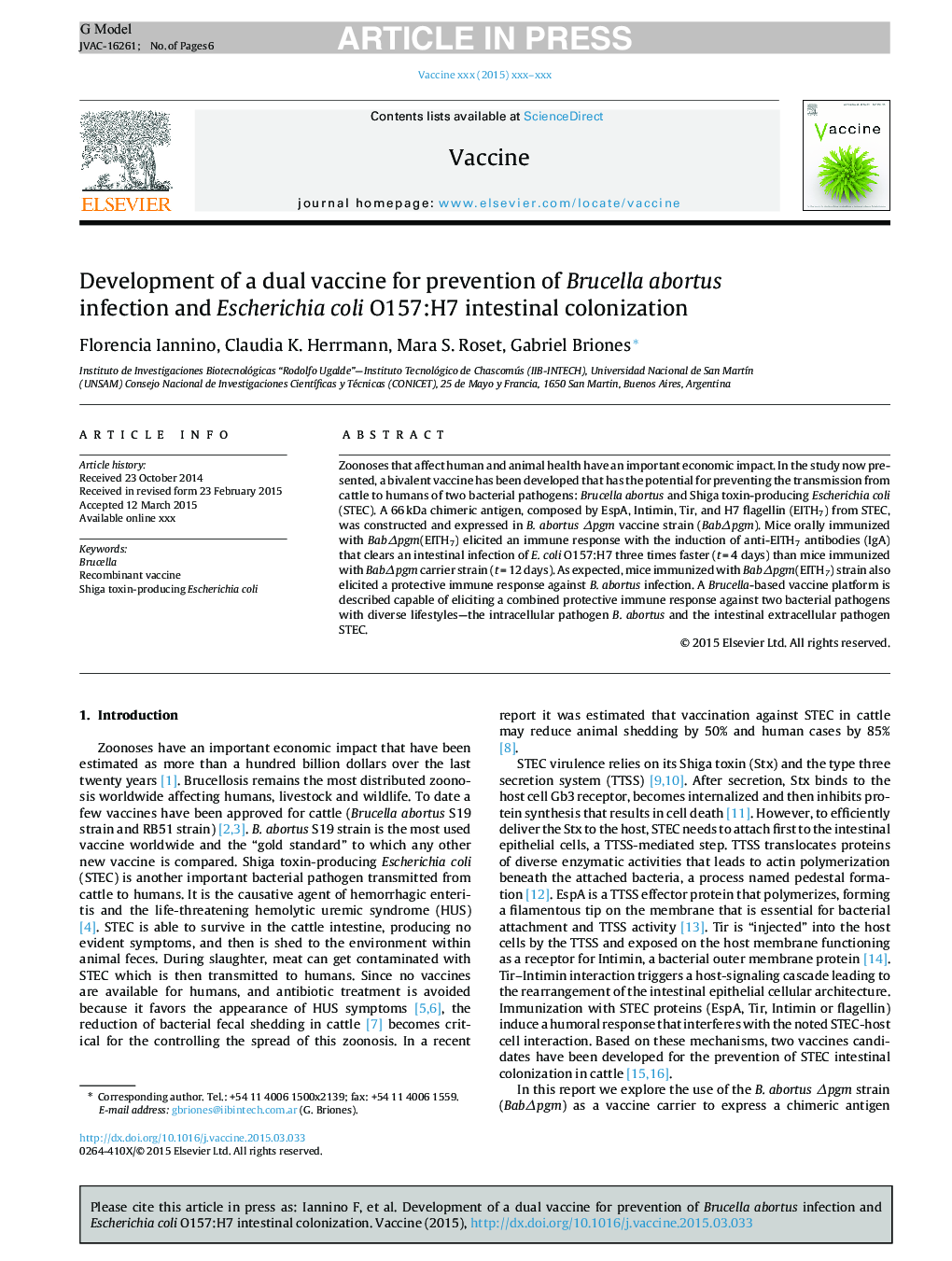 Development of a dual vaccine for prevention of Brucella abortus infection and Escherichia coli O157:H7 intestinal colonization