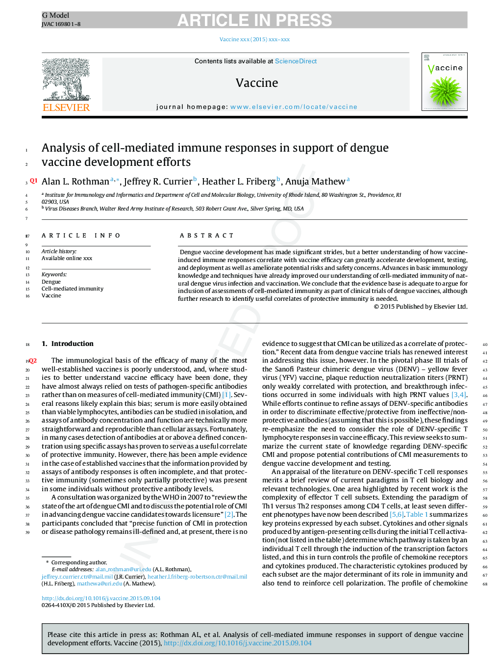 Analysis of cell-mediated immune responses in support of dengue vaccine development efforts