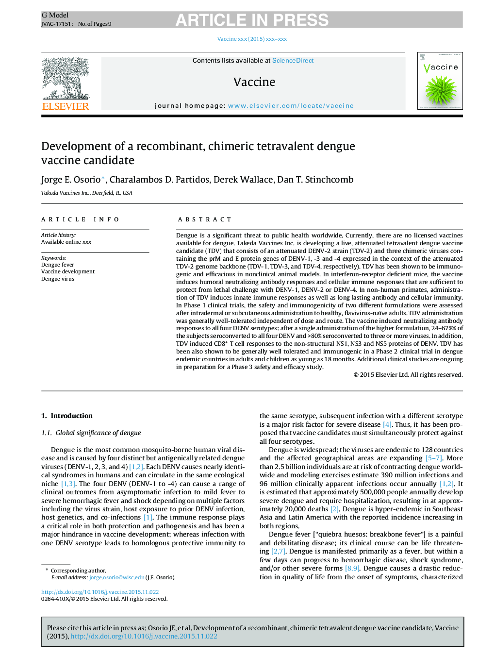 Development of a recombinant, chimeric tetravalent dengue vaccine candidate