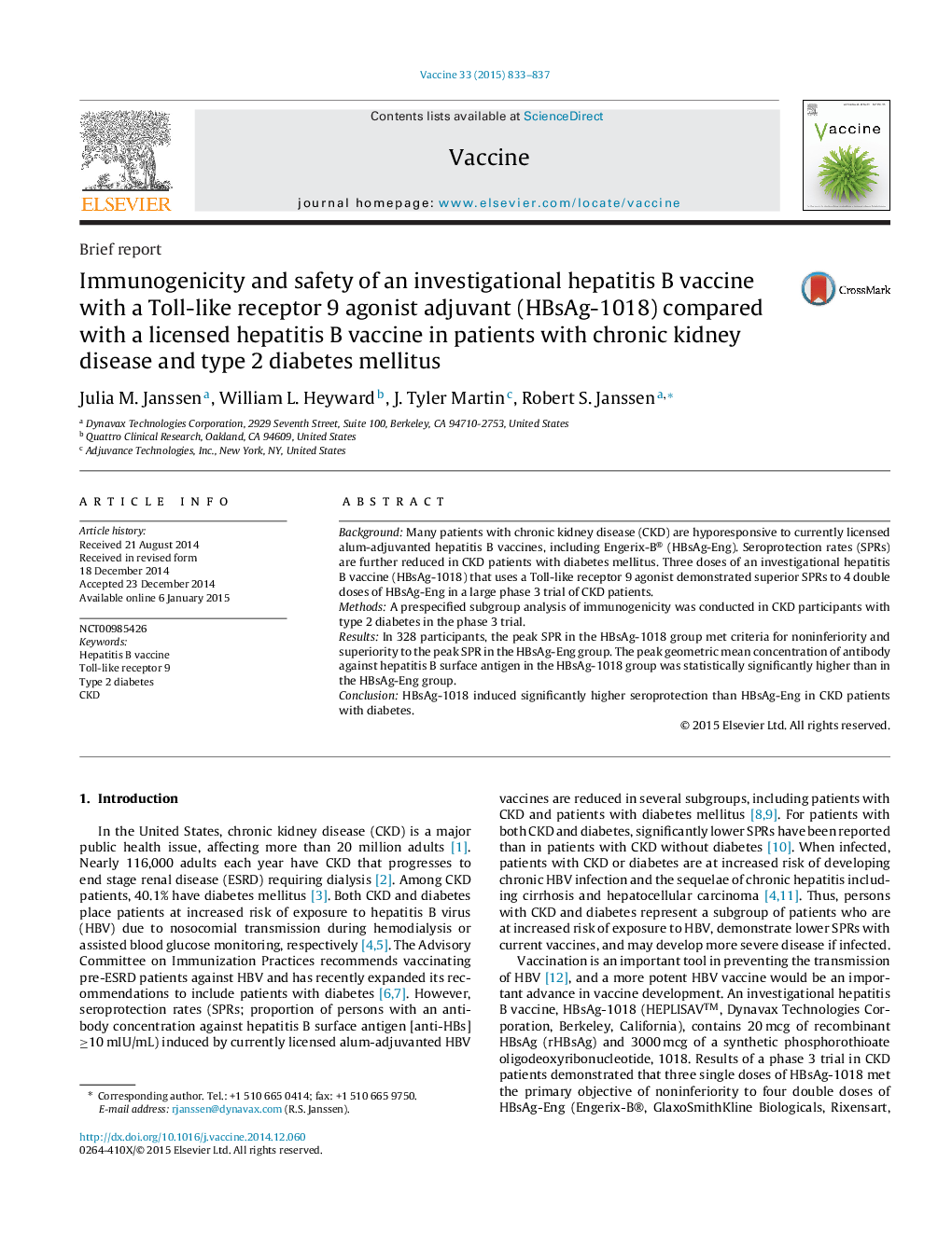 Immunogenicity and safety of an investigational hepatitis B vaccine with a Toll-like receptor 9 agonist adjuvant (HBsAg-1018) compared with a licensed hepatitis B vaccine in patients with chronic kidney disease and type 2 diabetes mellitus