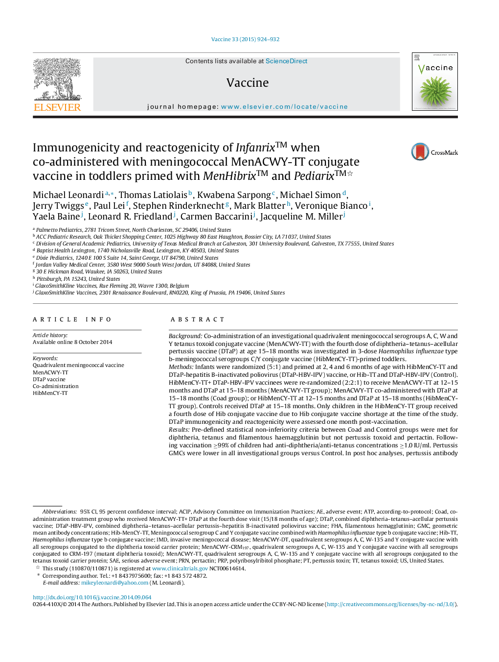 عکس صفحه اول مقاله: Immunogenicity and reactogenicity of Infanrix⢠when co-administered with meningococcal MenACWY-TT conjugate vaccine in toddlers primed with MenHibrix⢠and Pediarix⢠Immunogenicity and reactogenicity of Infanrix⢠when co-administered with meningococcal MenACWY-TT conjugate vaccine in toddlers primed with MenHibrix⢠and Pediarixâ¢