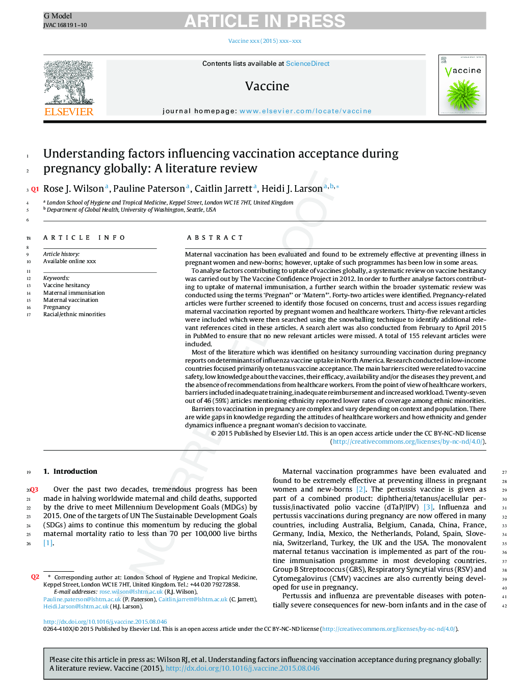 Understanding factors influencing vaccination acceptance during pregnancy globally: A literature review