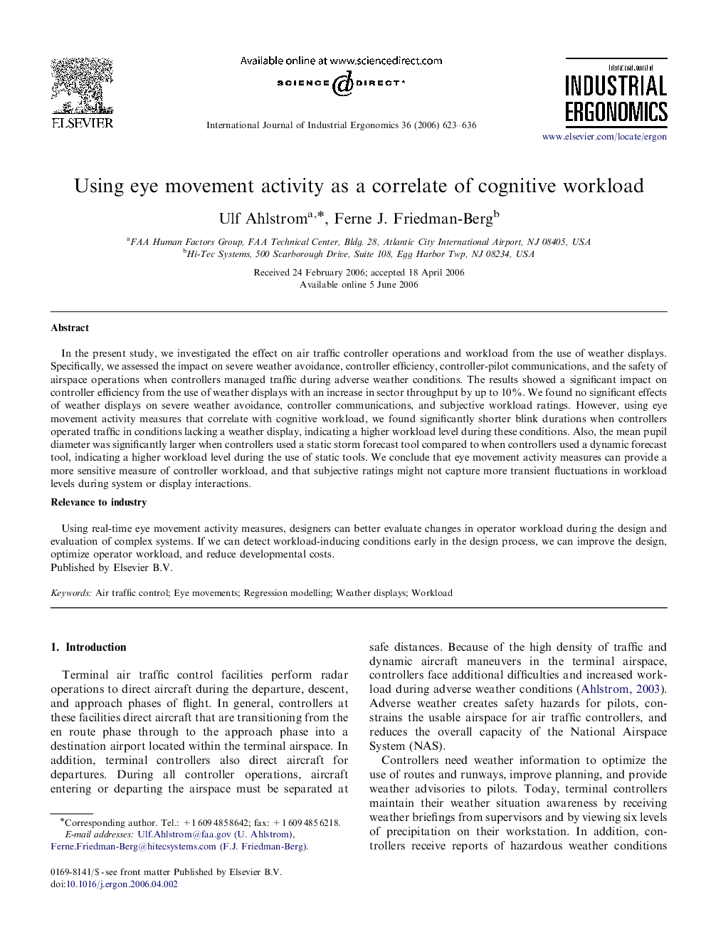 Using eye movement activity as a correlate of cognitive workload