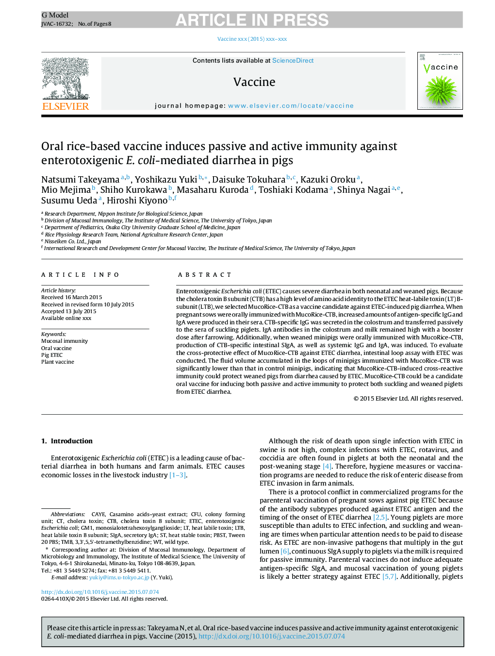 Oral rice-based vaccine induces passive and active immunity against enterotoxigenic E. coli-mediated diarrhea in pigs