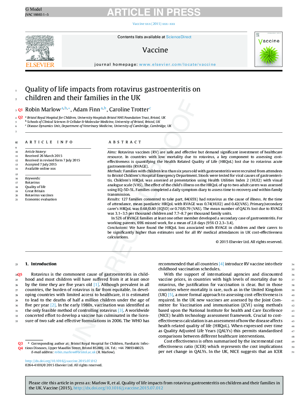 Quality of life impacts from rotavirus gastroenteritis on children and their families in the UK