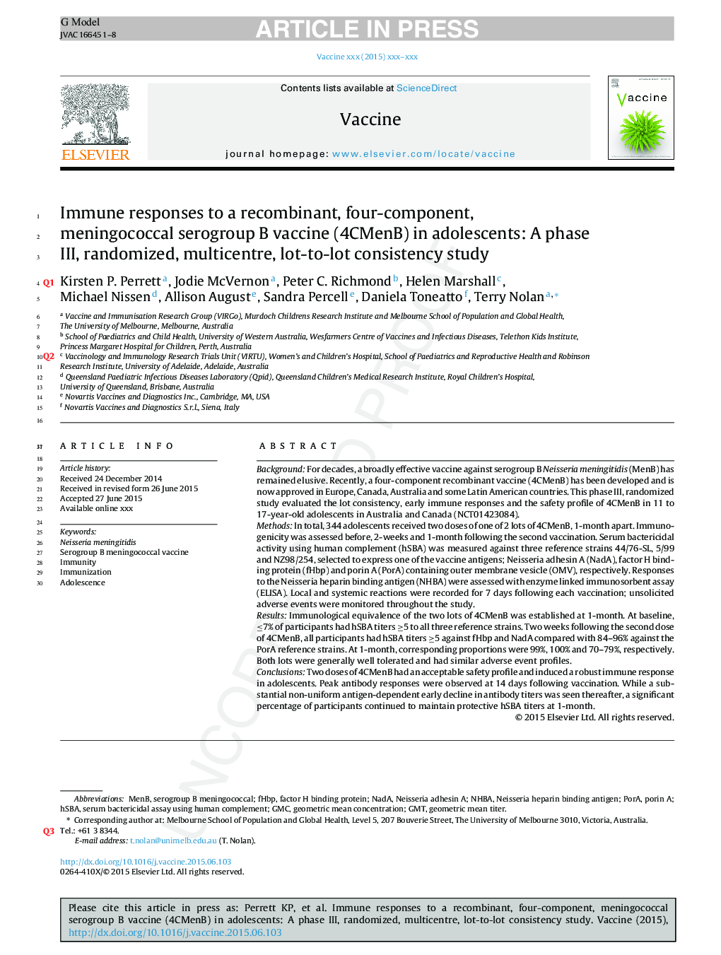 Immune responses to a recombinant, four-component, meningococcal serogroup B vaccine (4CMenB) in adolescents: A phase III, randomized, multicentre, lot-to-lot consistency study