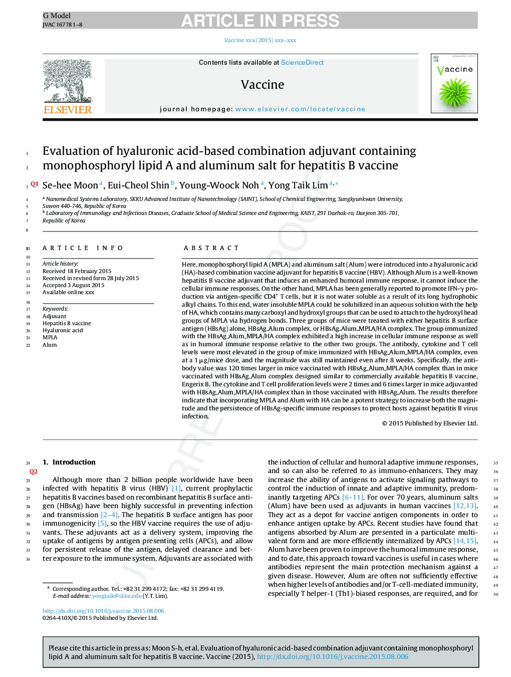 Evaluation of hyaluronic acid-based combination adjuvant containing monophosphoryl lipid A and aluminum salt for hepatitis B vaccine