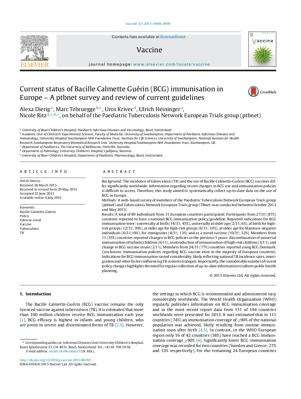 Current status of Bacille Calmette Guérin (BCG) immunisation in Europe - A ptbnet survey and review of current guidelines