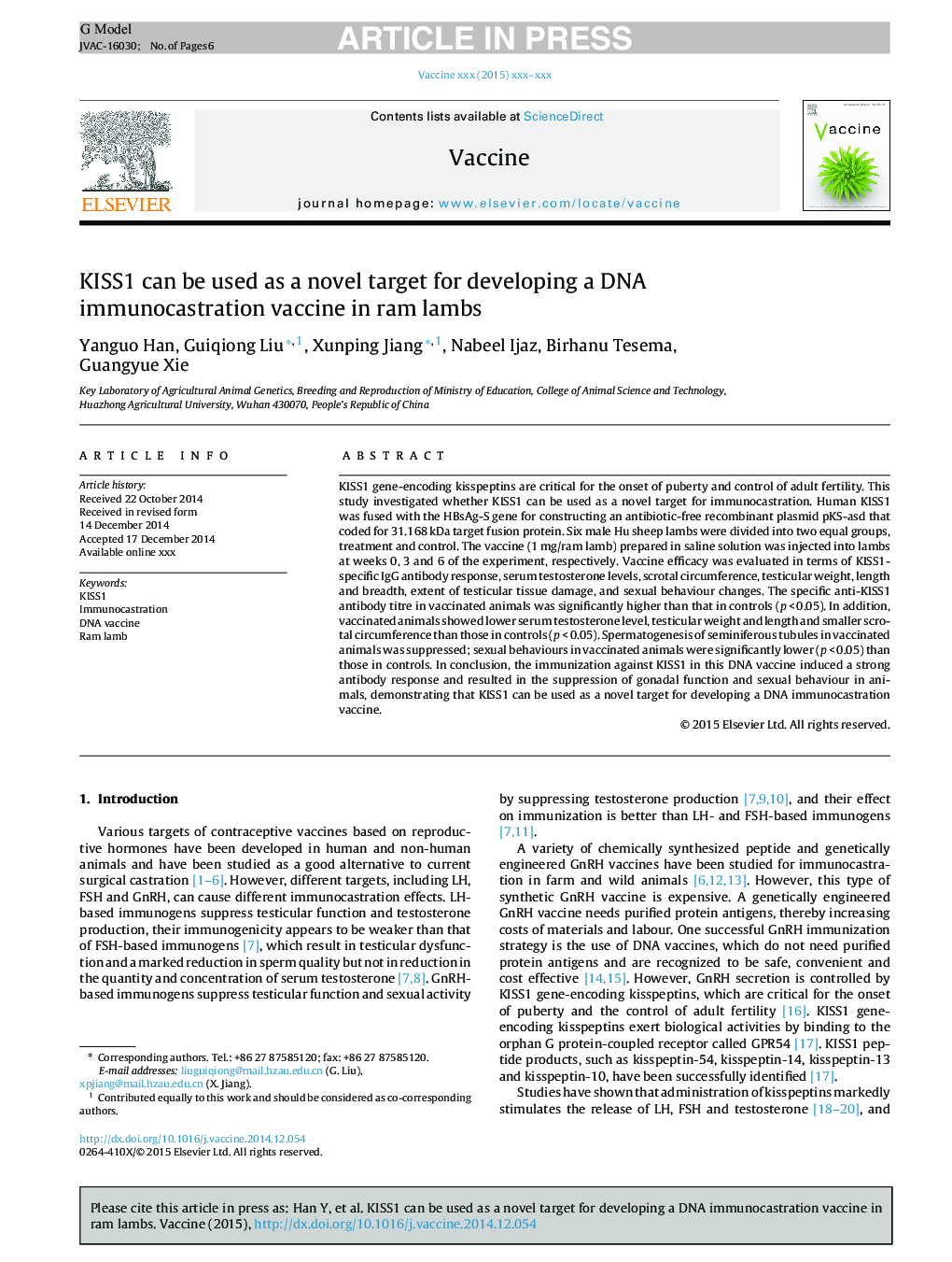 KISS1 can be used as a novel target for developing a DNA immunocastration vaccine in ram lambs