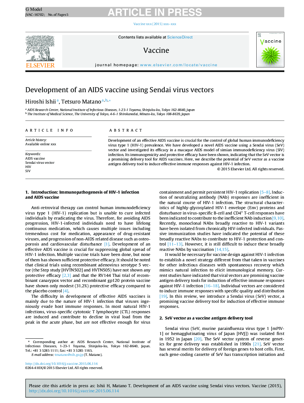 Development of an AIDS vaccine using Sendai virus vectors