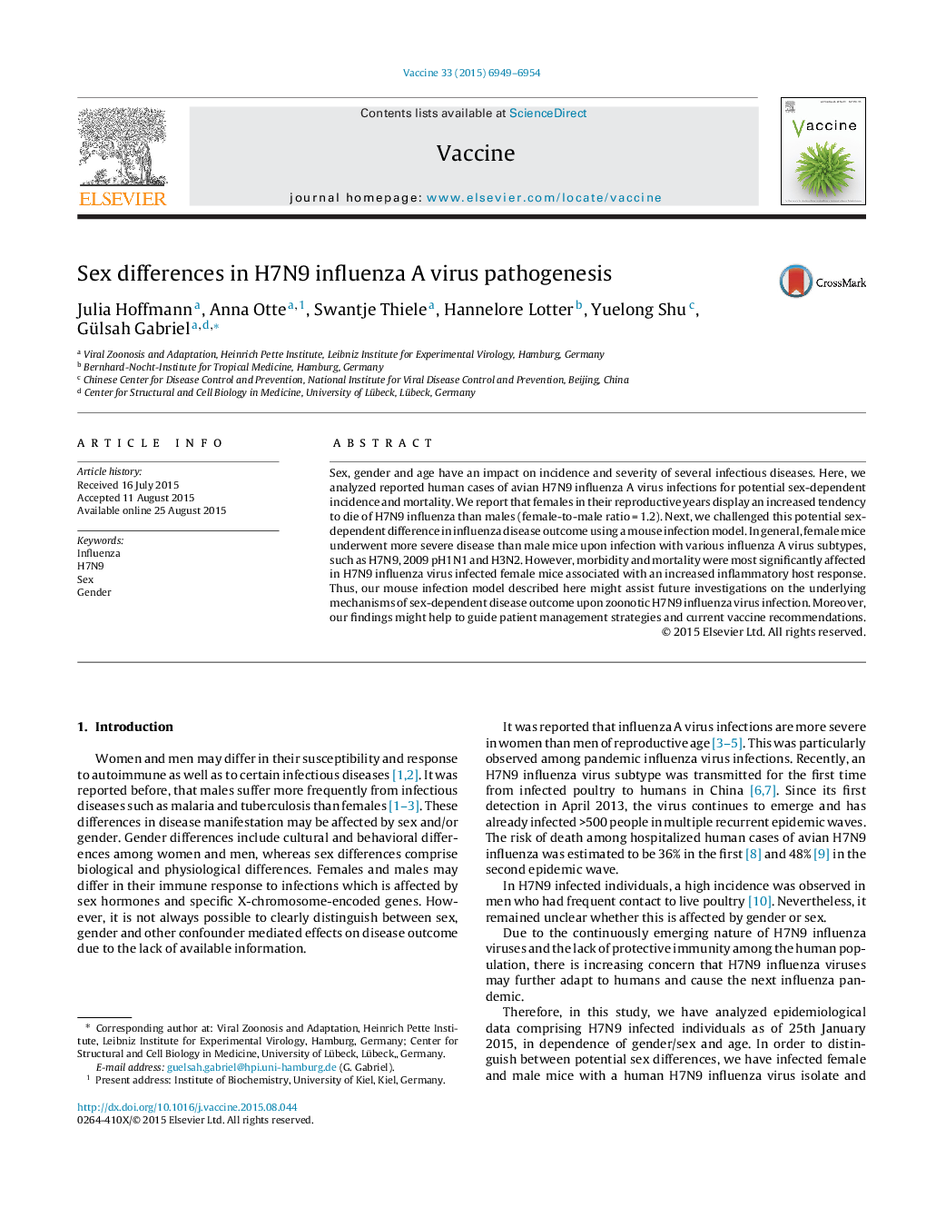 Sex differences in H7N9 influenza A virus pathogenesis