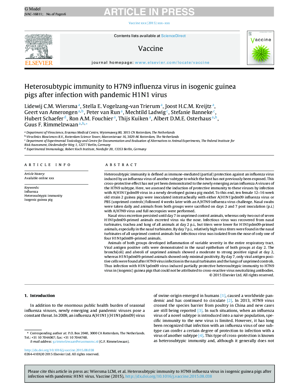 Heterosubtypic immunity to H7N9 influenza virus in isogenic guinea pigs after infection with pandemic H1N1 virus