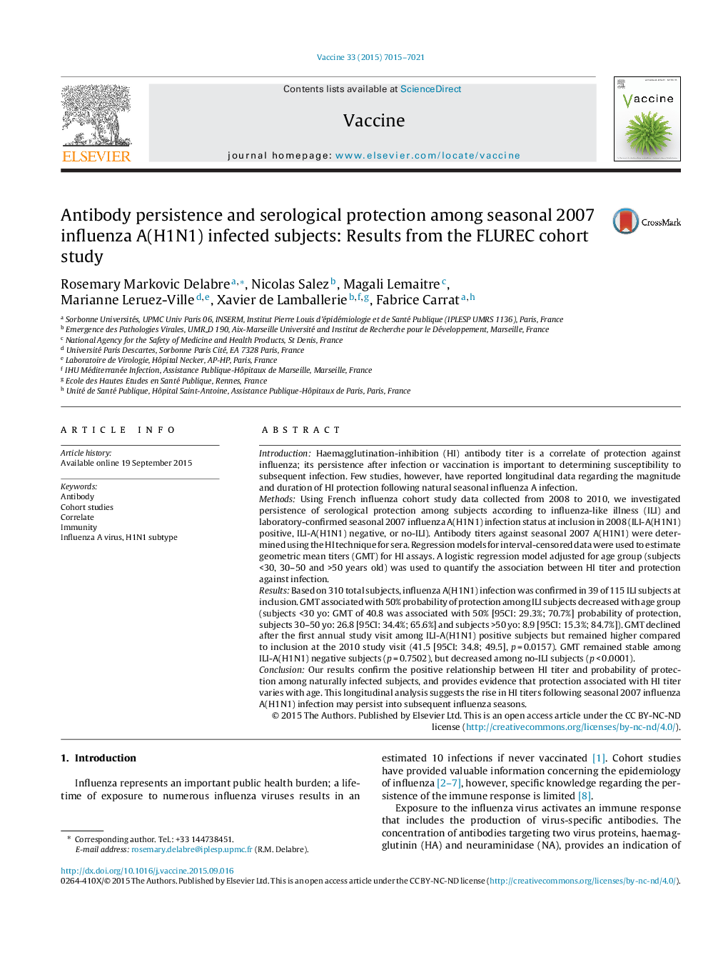 Antibody persistence and serological protection among seasonal 2007 influenza A(H1N1) infected subjects: Results from the FLUREC cohort study