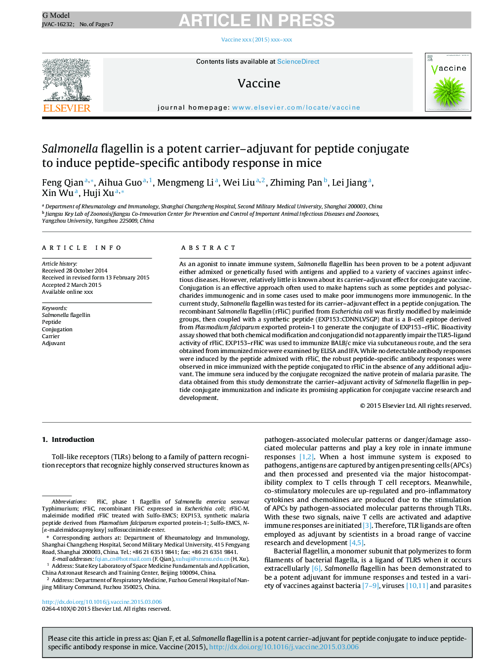 Salmonella flagellin is a potent carrier-adjuvant for peptide conjugate to induce peptide-specific antibody response in mice