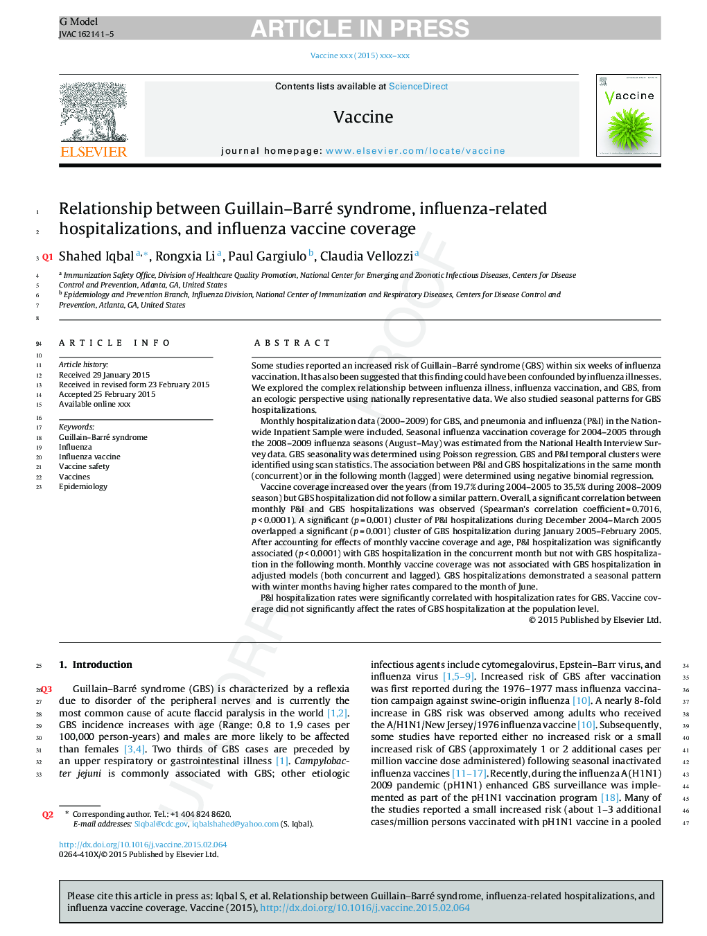 Relationship between Guillain-Barré syndrome, influenza-related hospitalizations, and influenza vaccine coverage