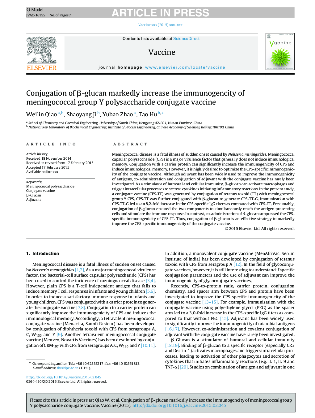 Conjugation of Î²-glucan markedly increase the immunogencity of meningococcal group Y polysaccharide conjugate vaccine