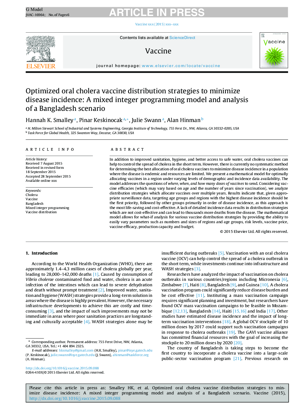 Optimized oral cholera vaccine distribution strategies to minimize disease incidence: A mixed integer programming model and analysis of a Bangladesh scenario