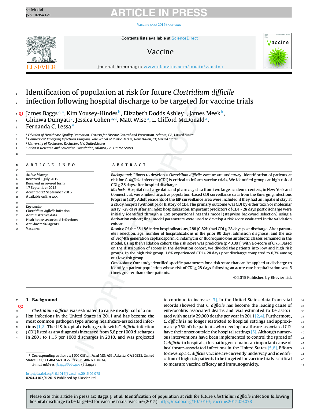 Identification of population at risk for future Clostridium difficile infection following hospital discharge to be targeted for vaccine trials