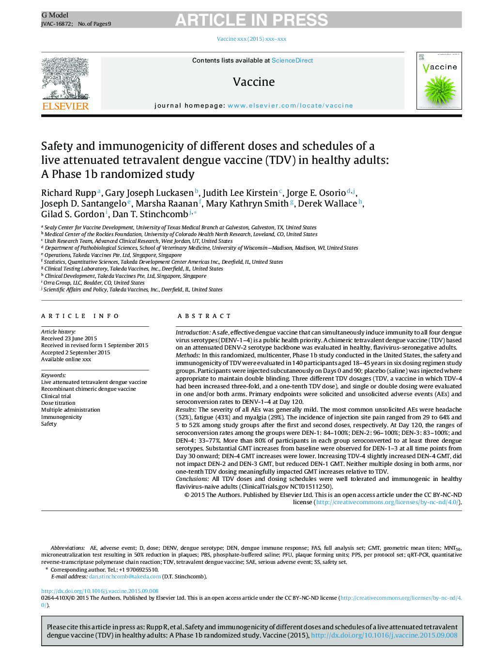 Safety and immunogenicity of different doses and schedules of a live attenuated tetravalent dengue vaccine (TDV) in healthy adults: A Phase 1b randomized study