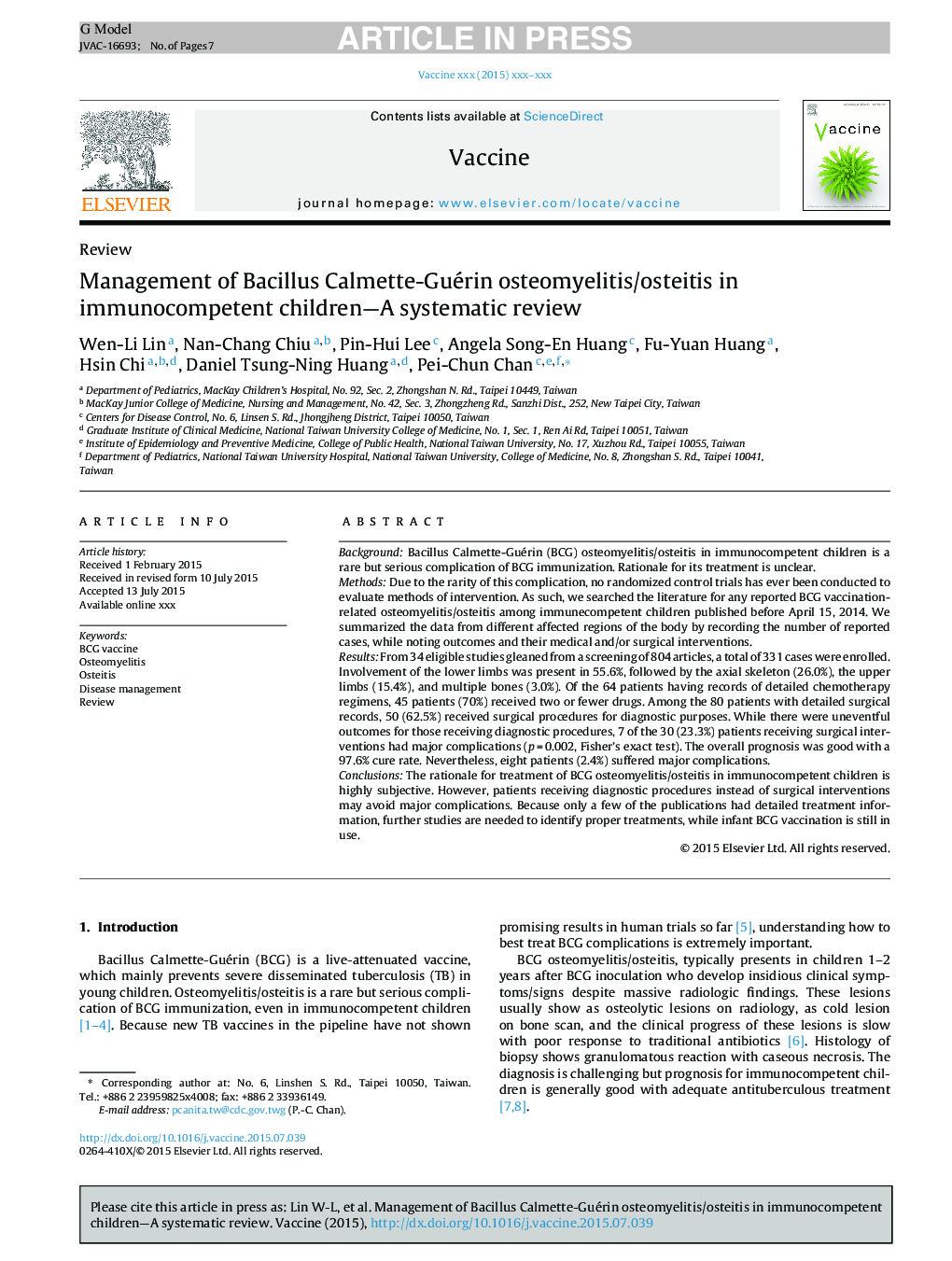 عکس صفحه اول مقاله: Management of Bacillus Calmette-Guérin osteomyelitis/osteitis in immunocompetent children-A systematic review Management of Bacillus Calmette-Guérin osteomyelitis/osteitis in immunocompetent children-A systematic review