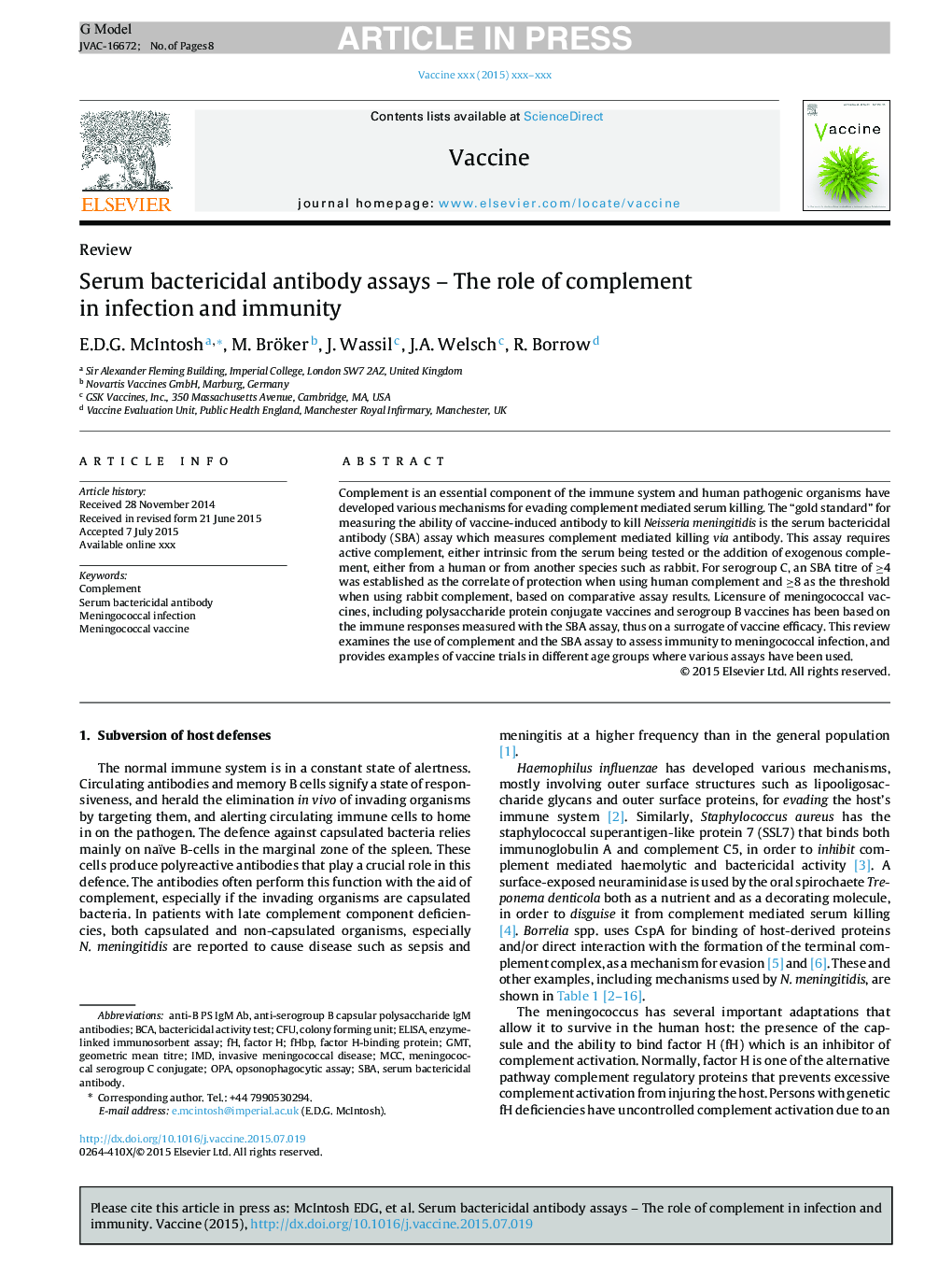 Serum bactericidal antibody assays - The role of complement in infection and immunity