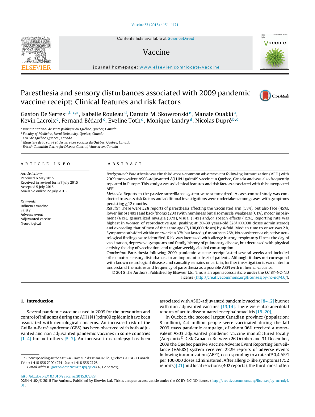 Paresthesia and sensory disturbances associated with 2009 pandemic vaccine receipt: Clinical features and risk factors