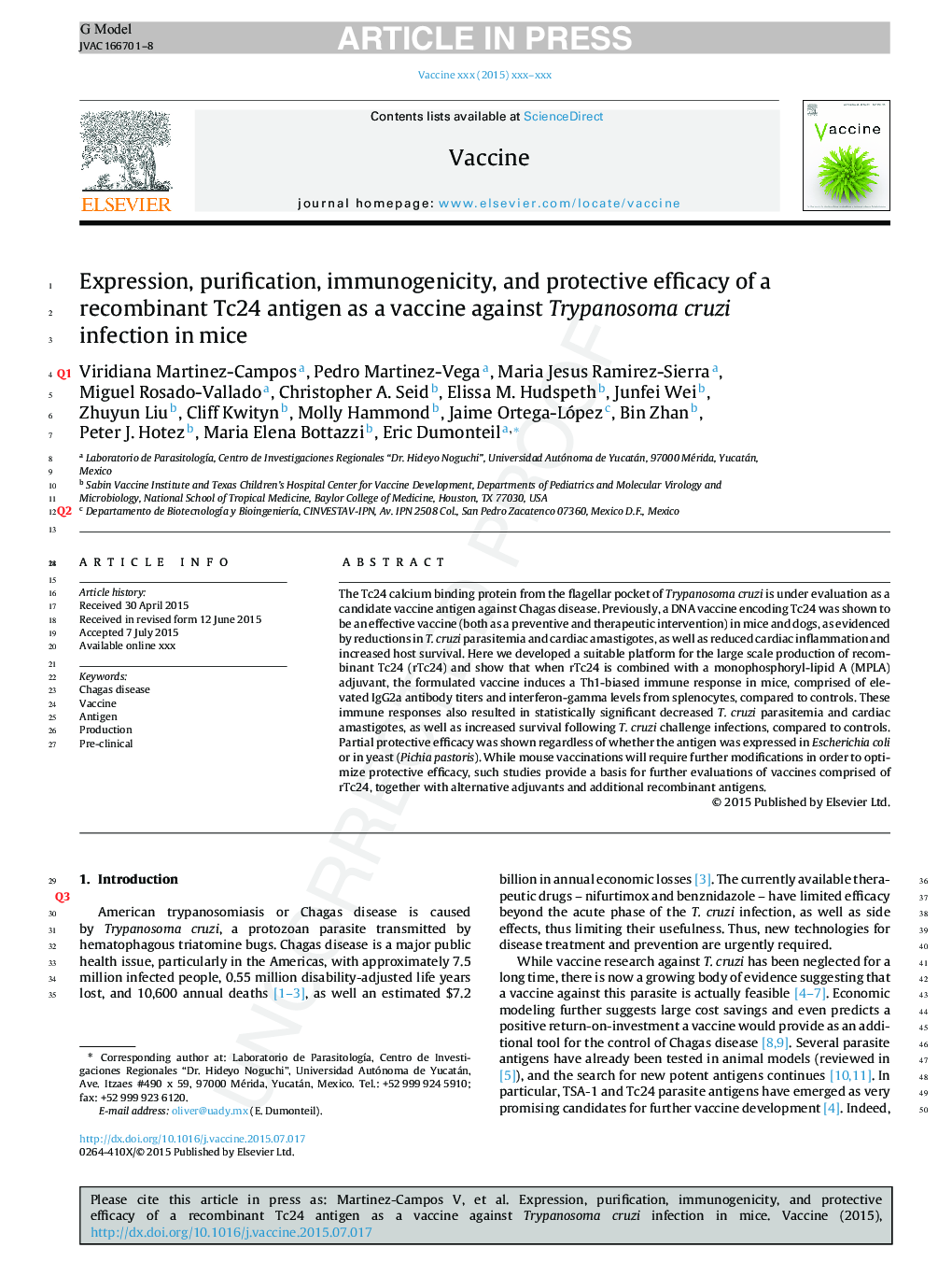 Expression, purification, immunogenicity, and protective efficacy of a recombinant Tc24 antigen as a vaccine against Trypanosoma cruzi infection in mice