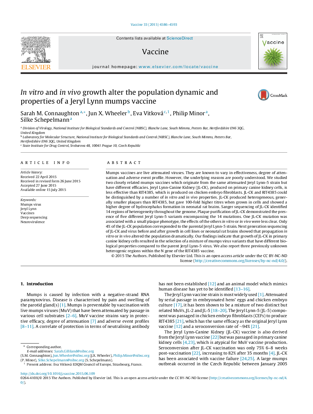 In vitro and in vivo growth alter the population dynamic and properties of a Jeryl Lynn mumps vaccine