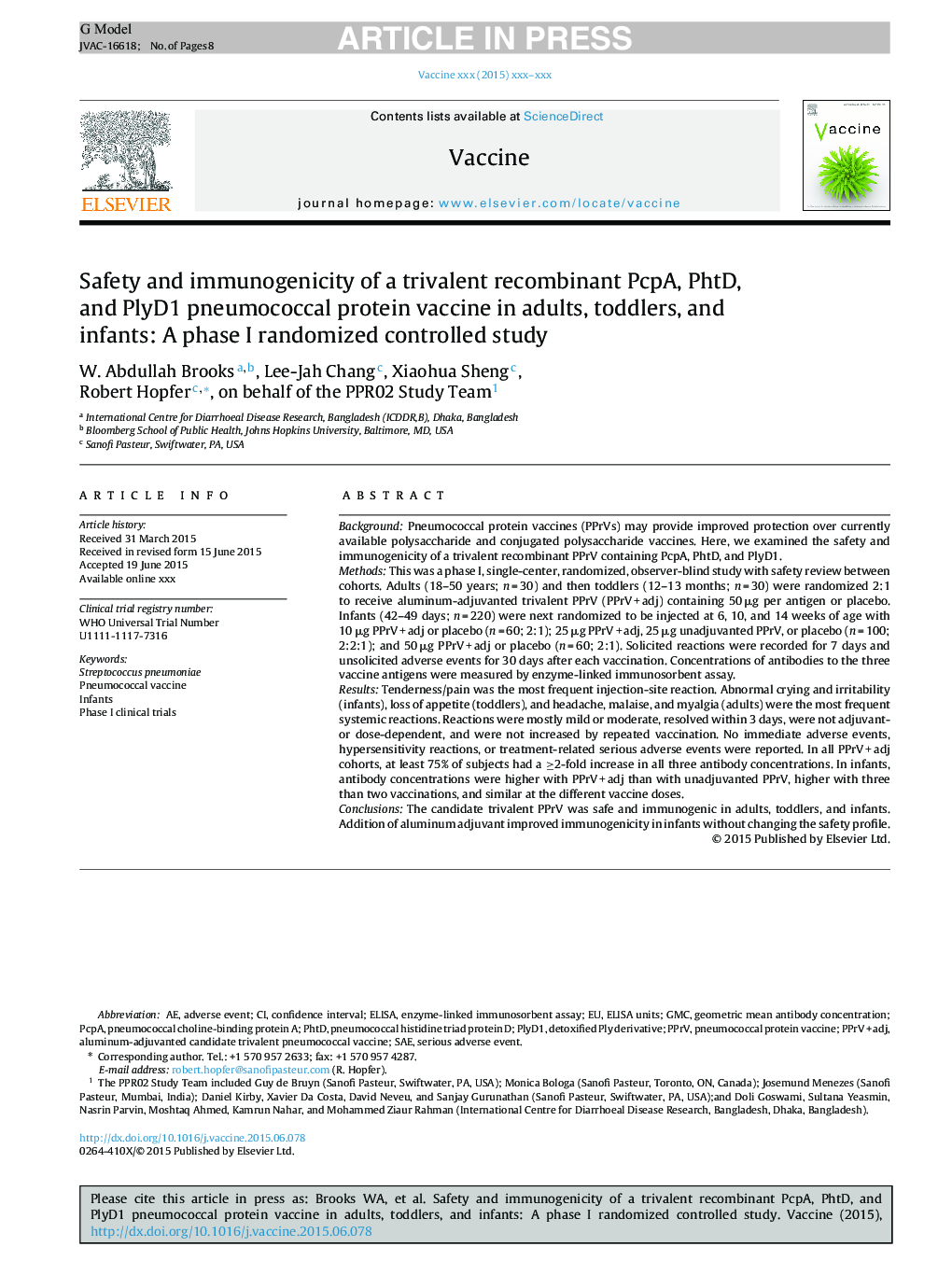 عکس صفحه اول مقاله: Safety and immunogenicity of a trivalent recombinant PcpA, PhtD, and PlyD1 pneumococcal protein vaccine in adults, toddlers, and infants: A phase I randomized controlled study Safety and immunogenicity of a trivalent recombinant PcpA, PhtD, and PlyD1 pneumococcal protein vaccine in adults, toddlers, and infants: A phase I randomized controlled study