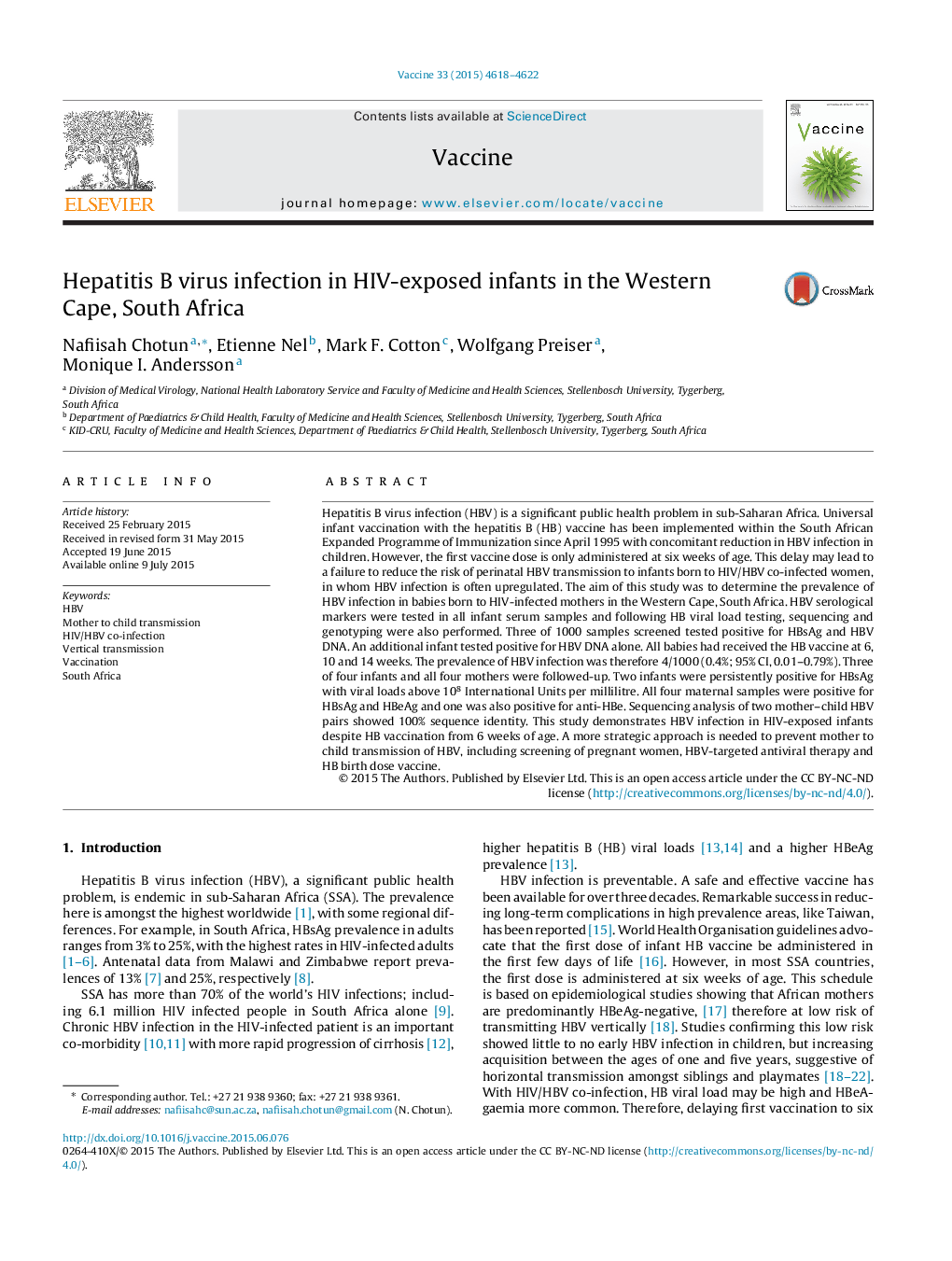 Hepatitis B virus infection in HIV-exposed infants in the Western Cape, South Africa