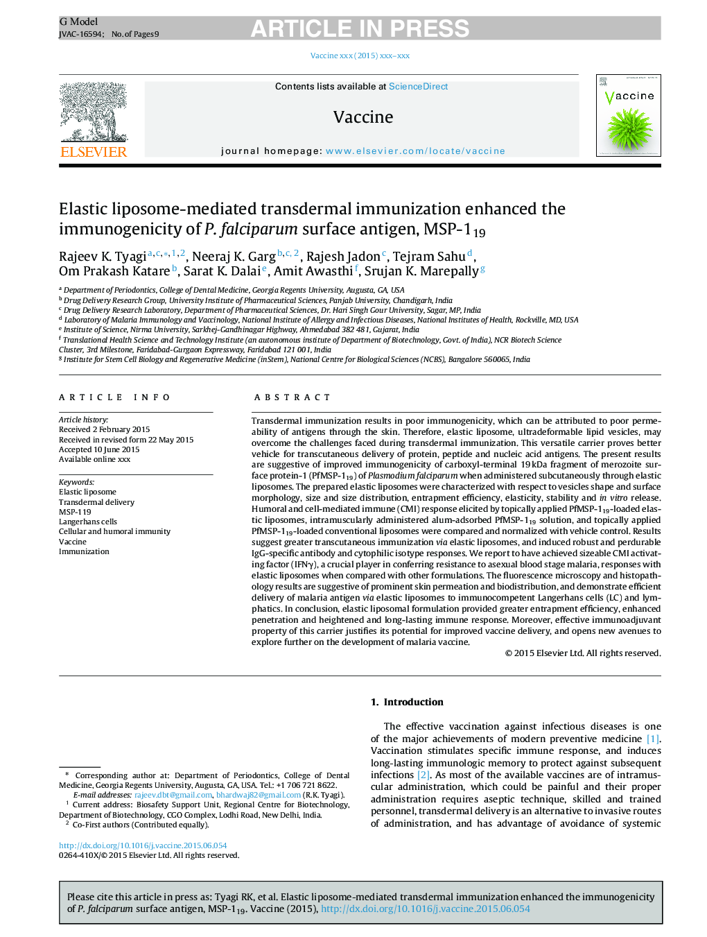 Elastic liposome-mediated transdermal immunization enhanced the immunogenicity of P. falciparum surface antigen, MSP-119