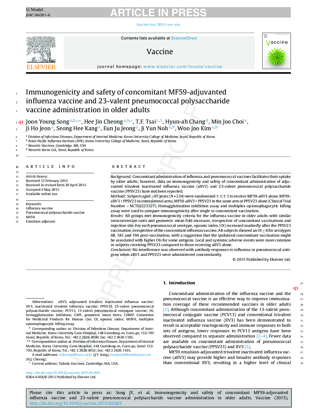 Immunogenicity and safety of concomitant MF59-adjuvanted influenza vaccine and 23-valent pneumococcal polysaccharide vaccine administration in older adults