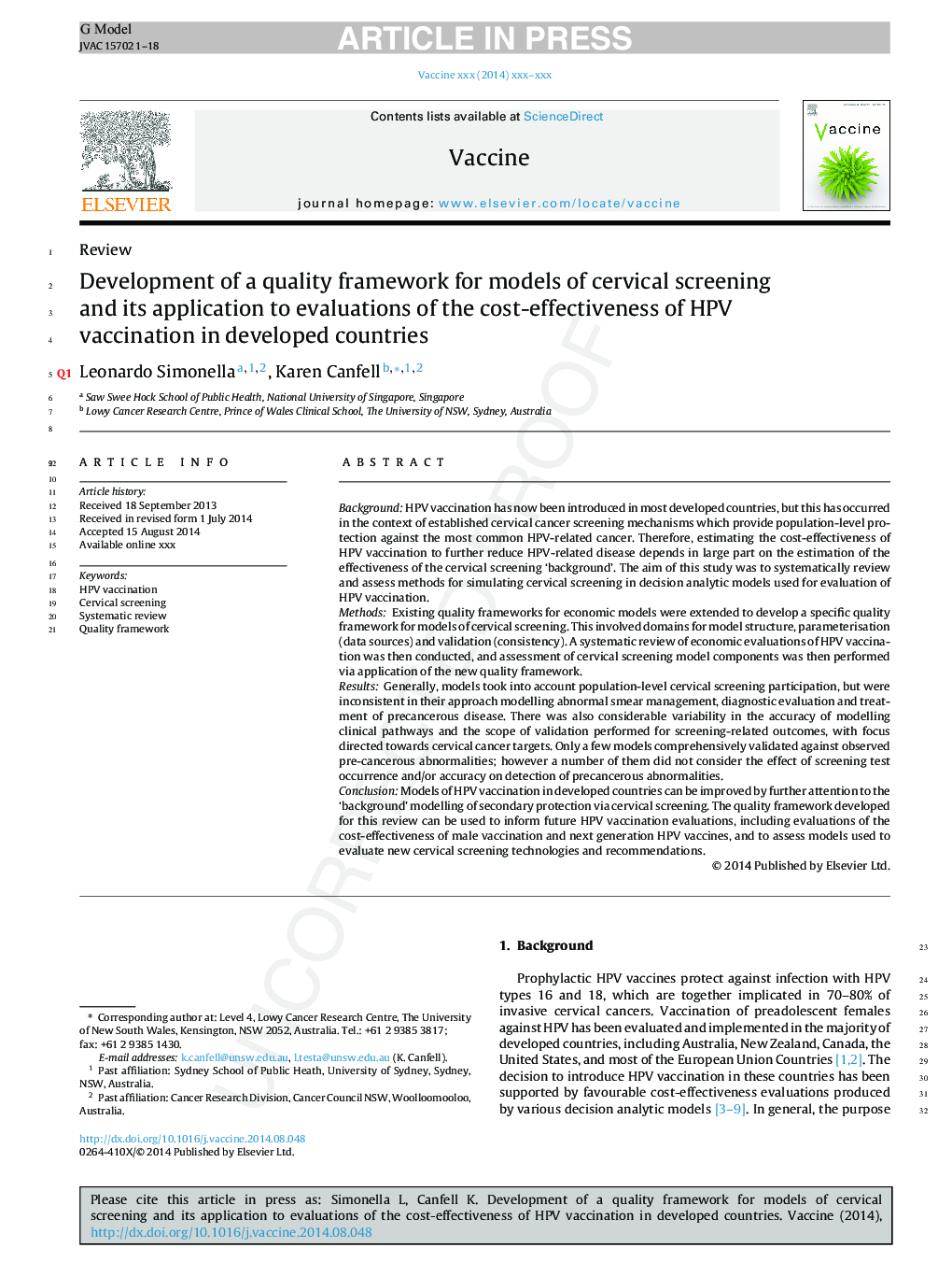 Development of a quality framework for models of cervical screening and its application to evaluations of the cost-effectiveness of HPV vaccination in developed countries