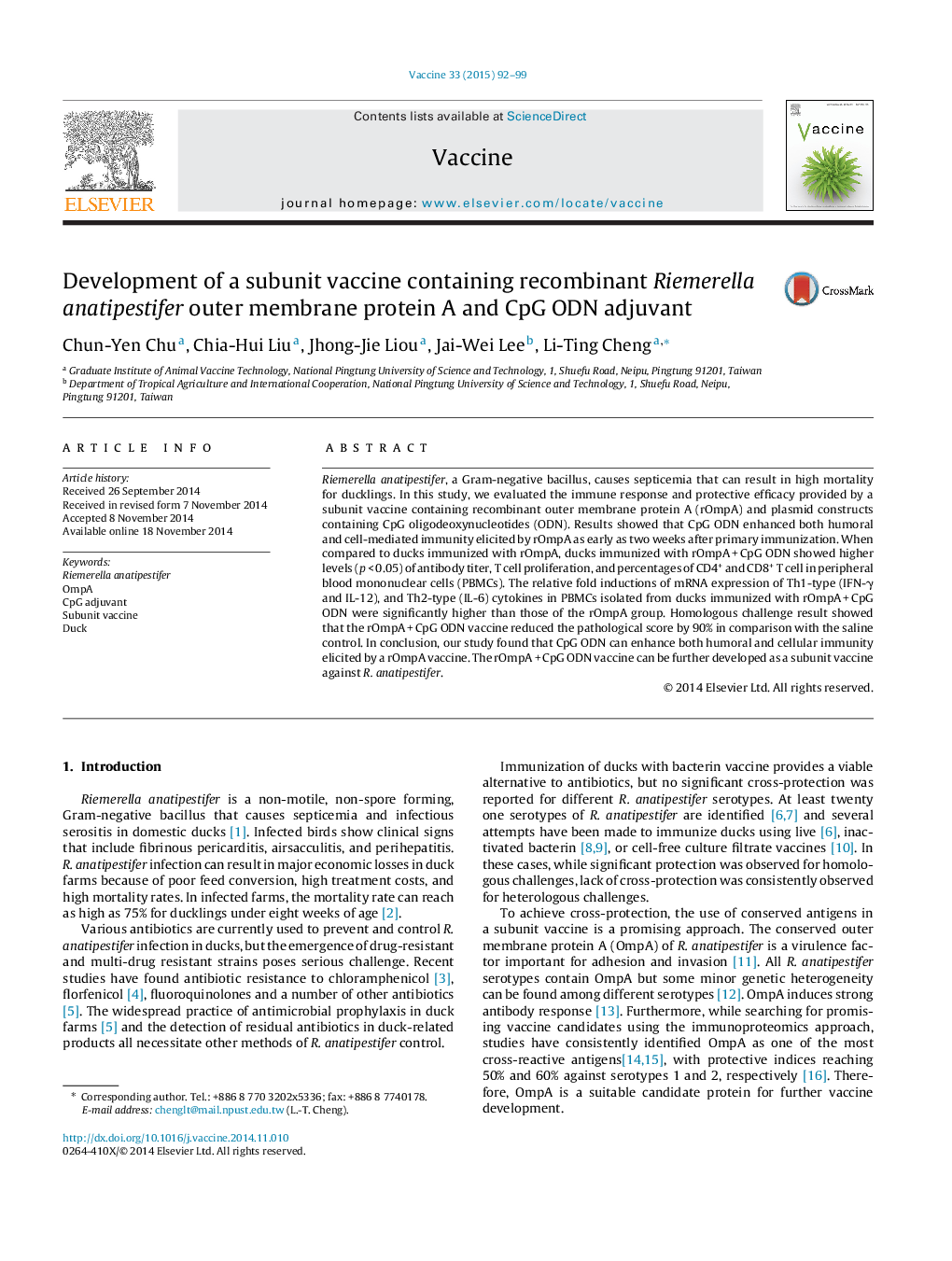 Development of a subunit vaccine containing recombinant Riemerella anatipestifer outer membrane protein A and CpG ODN adjuvant