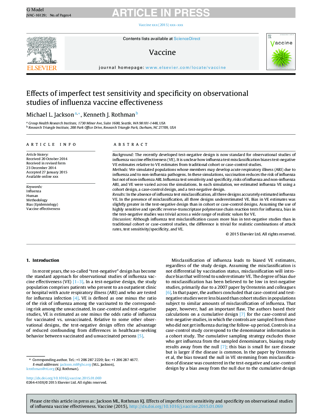 Effects of imperfect test sensitivity and specificity on observational studies of influenza vaccine effectiveness