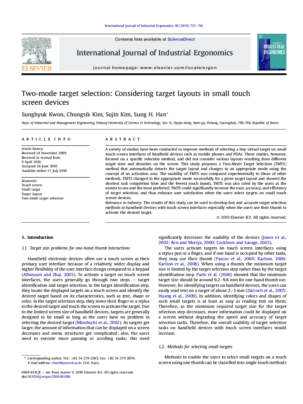 Two-mode target selection: Considering target layouts in small touch screen devices