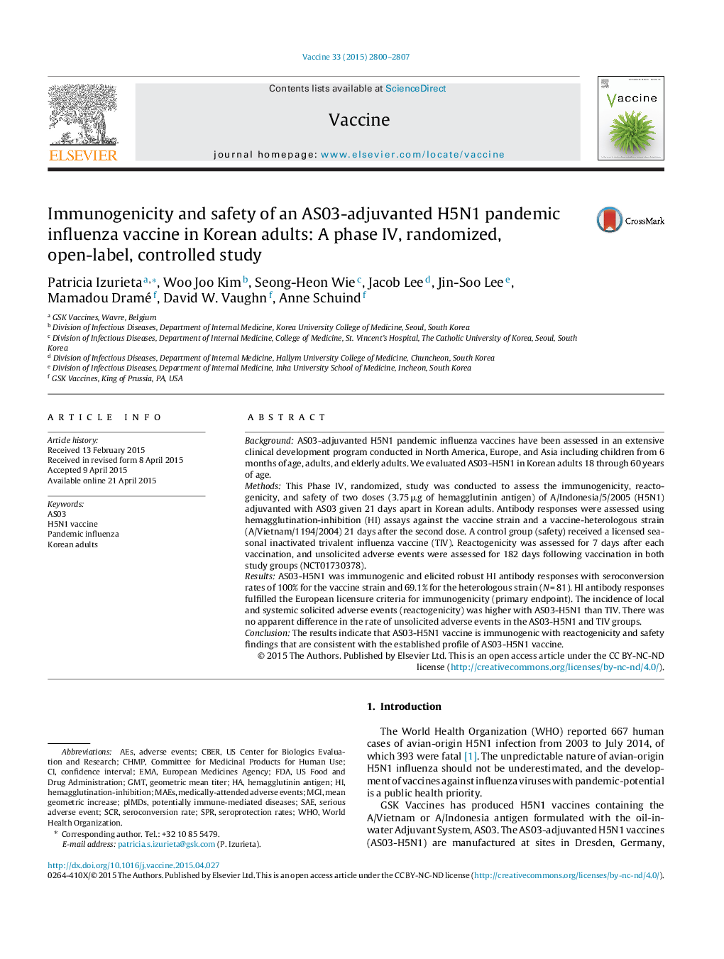 Immunogenicity and safety of an AS03-adjuvanted H5N1 pandemic influenza vaccine in Korean adults: A phase IV, randomized, open-label, controlled study