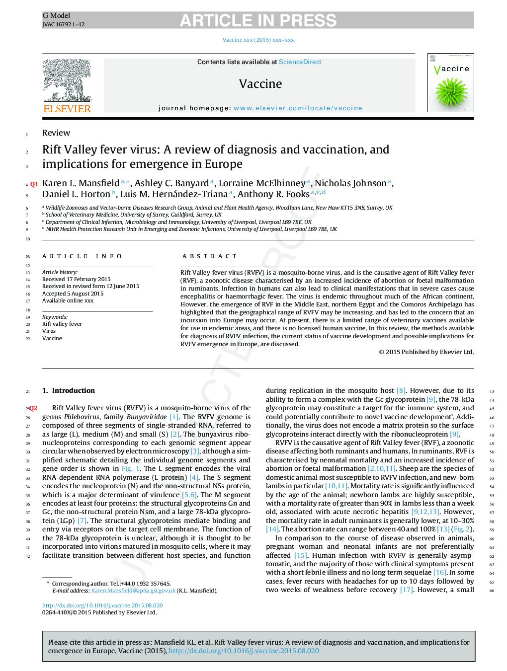 Rift Valley fever virus: A review of diagnosis and vaccination, and implications for emergence in Europe