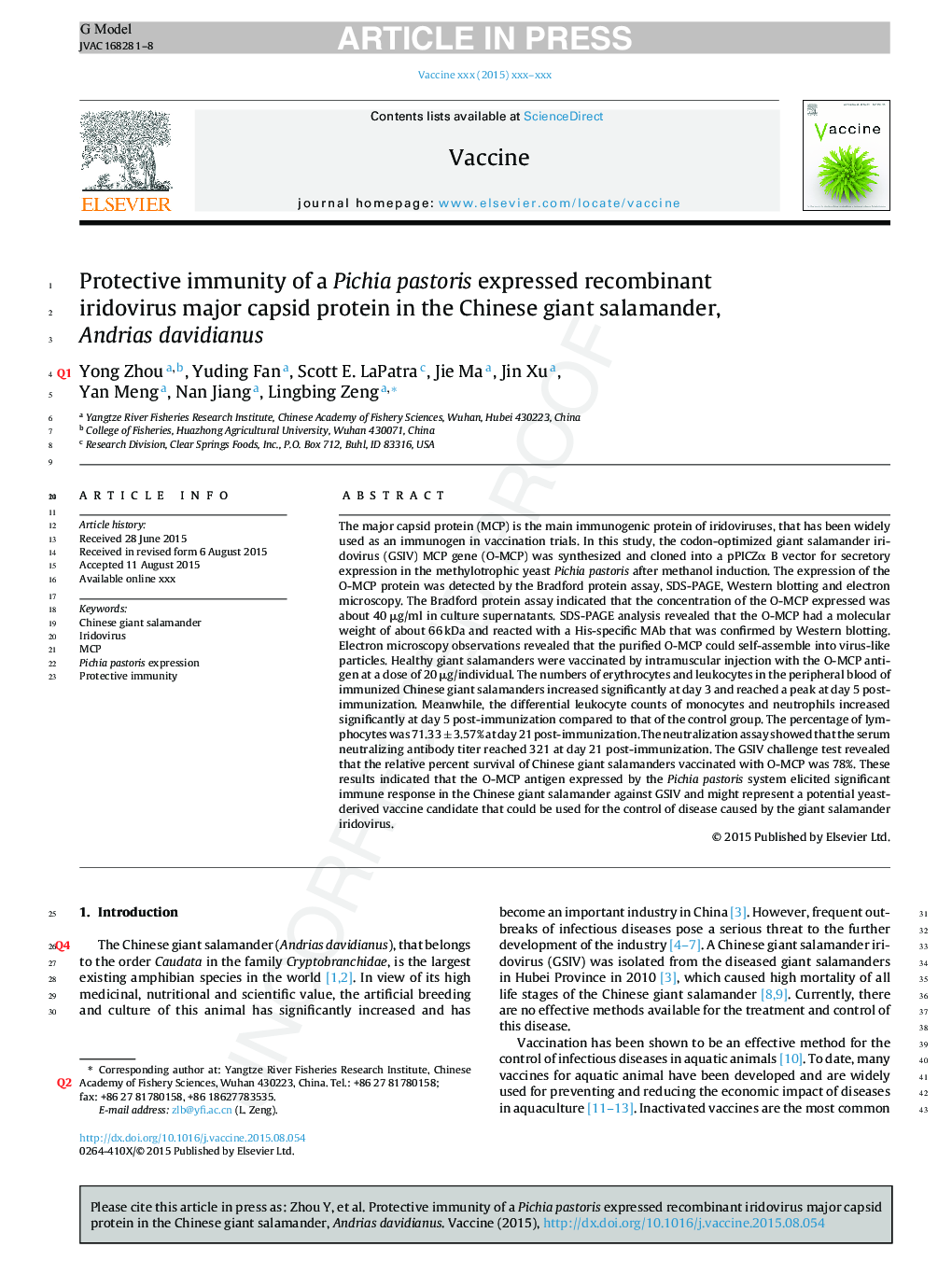 Protective immunity of a Pichia pastoris expressed recombinant iridovirus major capsid protein in the Chinese giant salamander, Andrias davidianus