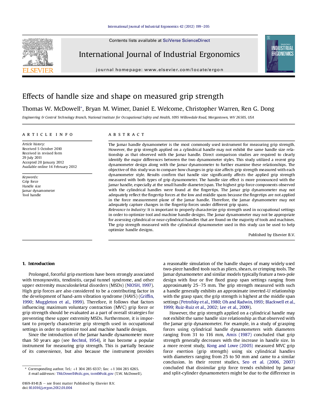 Effects of handle size and shape on measured grip strength