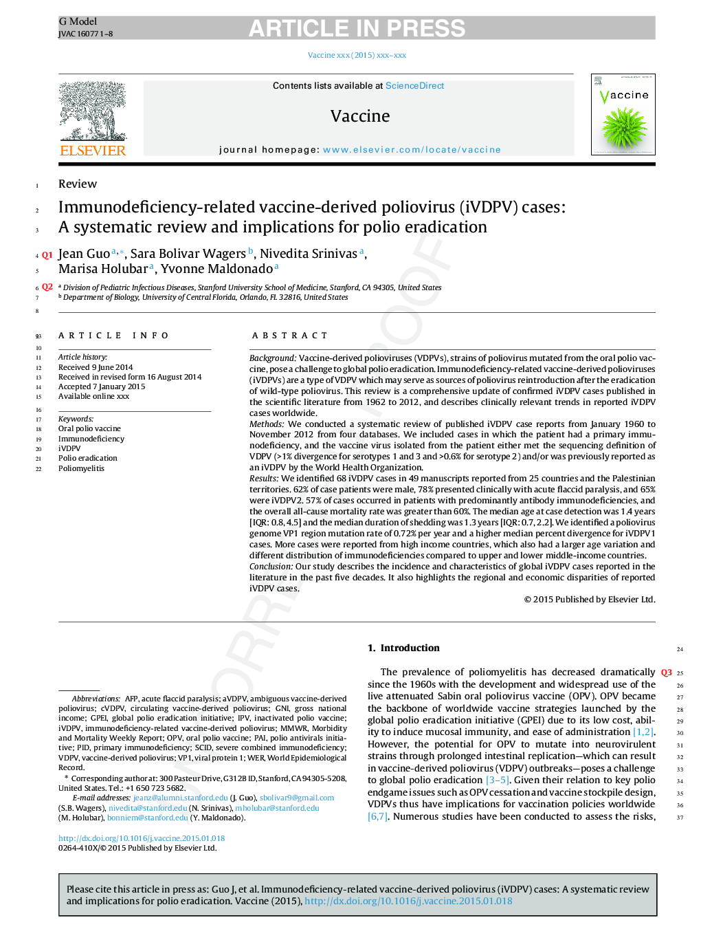 عکس صفحه اول مقاله: Immunodeficiency-related vaccine-derived poliovirus (iVDPV) cases: A systematic review and implications for polio eradication Immunodeficiency-related vaccine-derived poliovirus (iVDPV) cases: A systematic review and implications for polio eradication