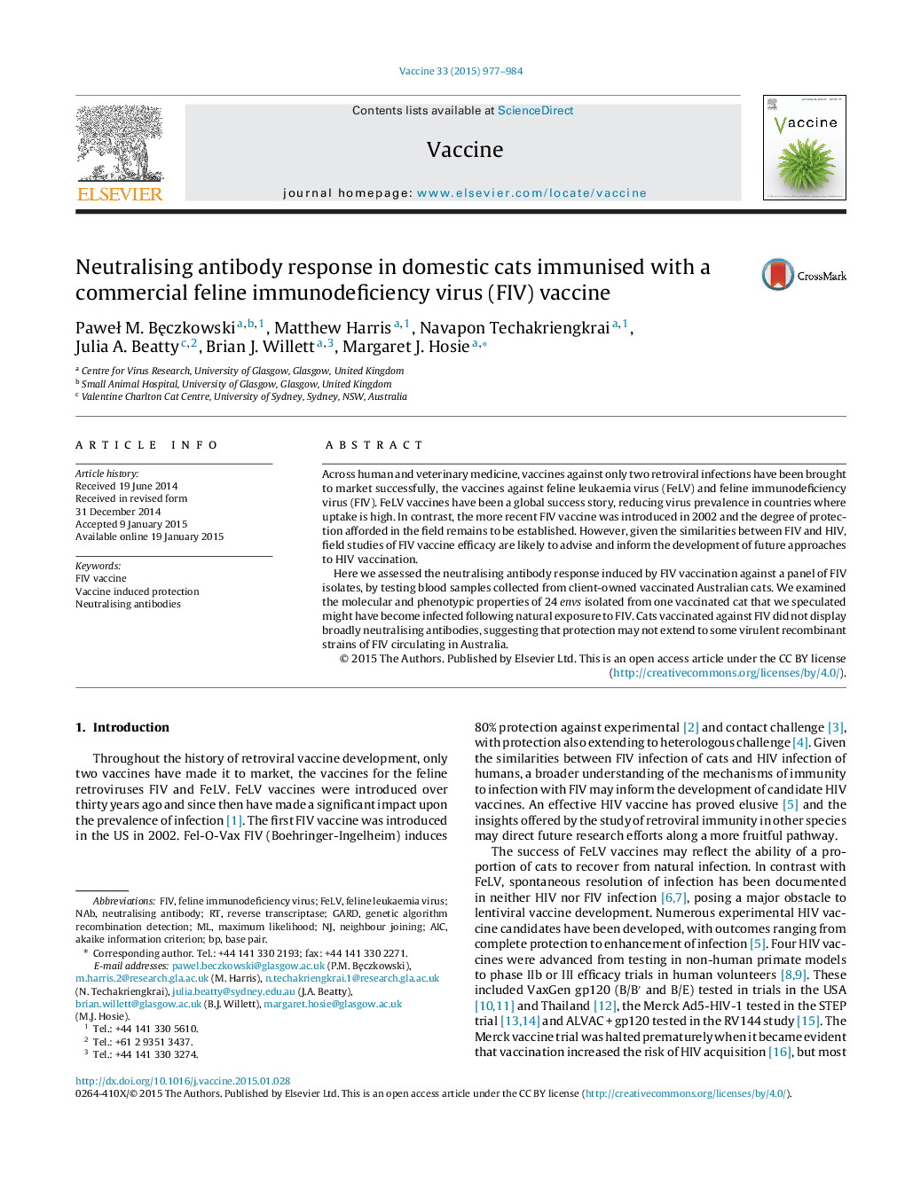 عکس صفحه اول مقاله: Neutralising antibody response in domestic cats immunised with a commercial feline immunodeficiency virus (FIV) vaccine Neutralising antibody response in domestic cats immunised with a commercial feline immunodeficiency virus (FIV) vaccine