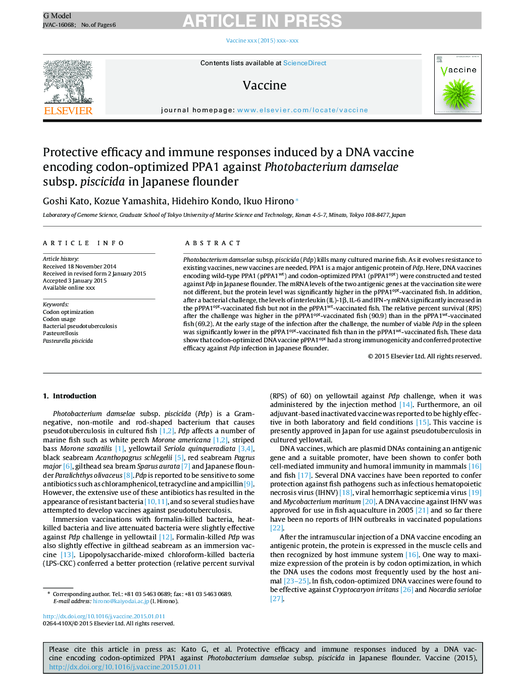 Protective efficacy and immune responses induced by a DNA vaccine encoding codon-optimized PPA1 against Photobacterium damselae subsp. piscicida in Japanese flounder