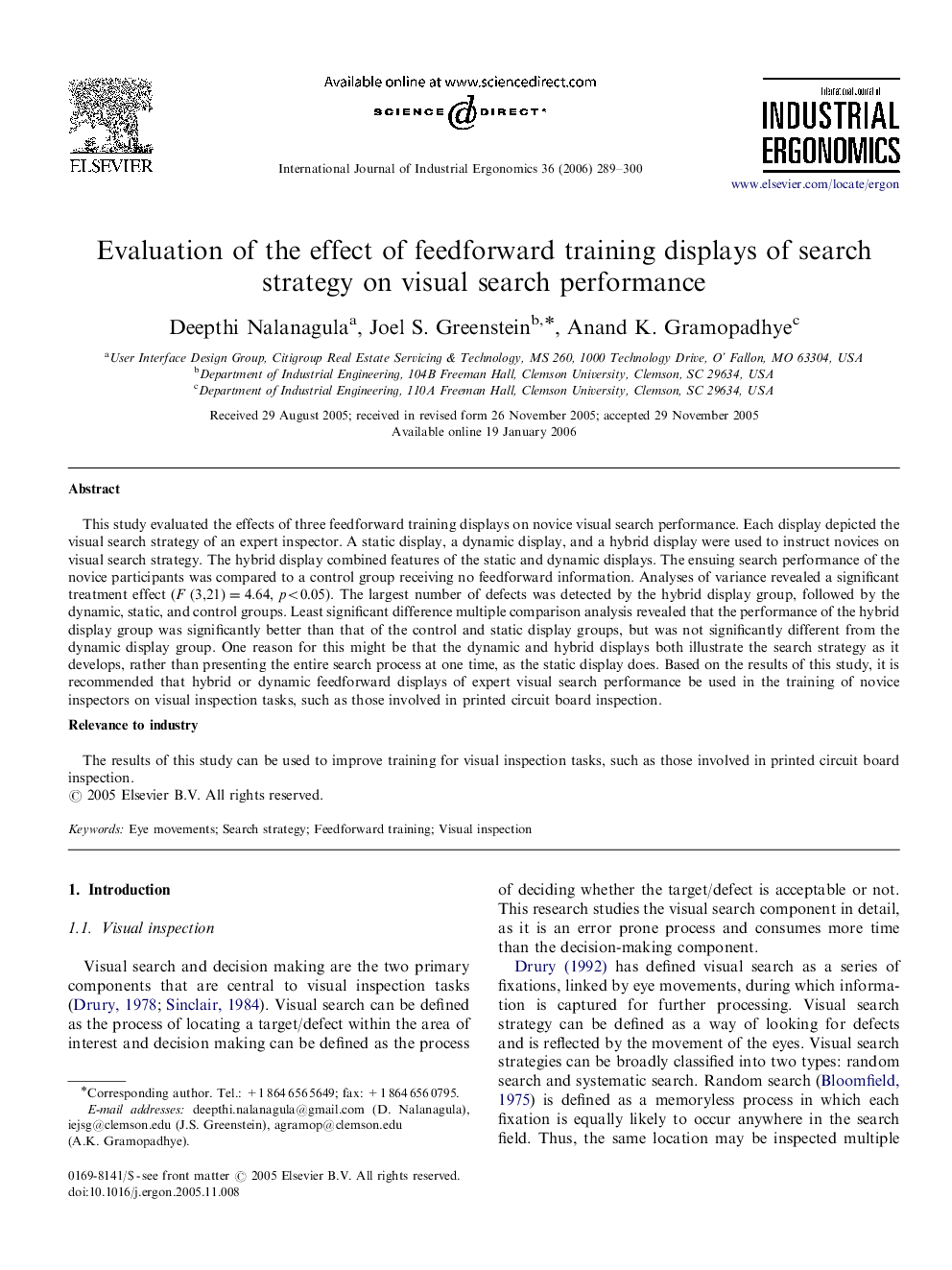 Evaluation of the effect of feedforward training displays of search strategy on visual search performance