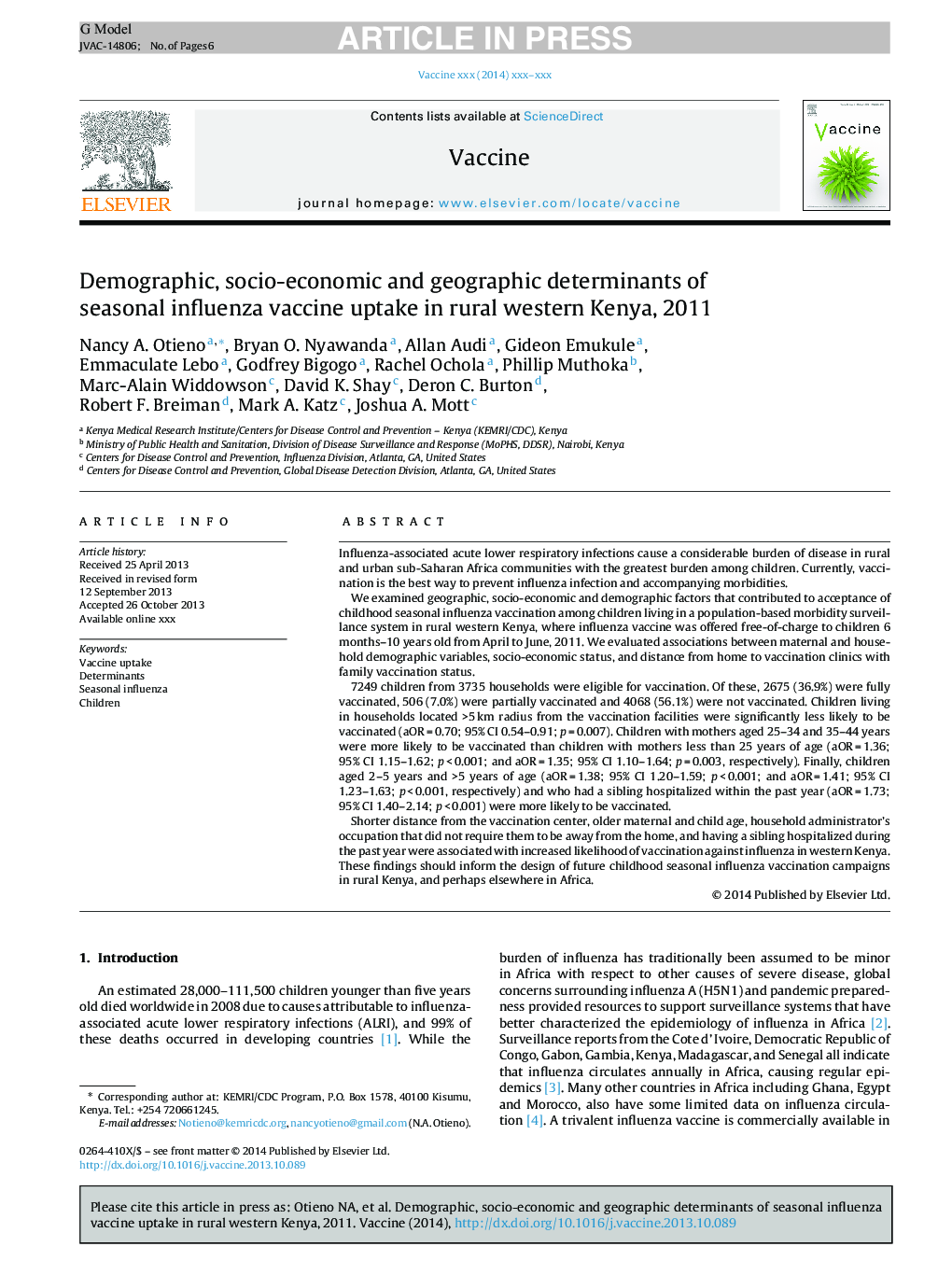 تعیین کننده های جمعیت شناسی، اجتماعی-اقتصادی و جغرافیایی جذب واکسن فصلی آنتی بیوتیک در مناطق روستایی کنیا، 2011 