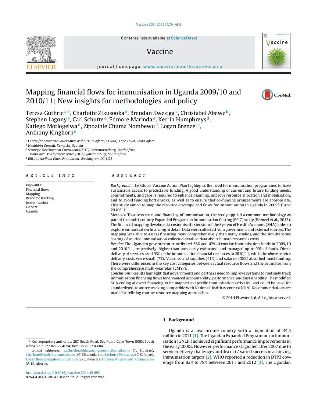 Mapping financial flows for immunisation in Uganda 2009/10 and 2010/11: New insights for methodologies and policy